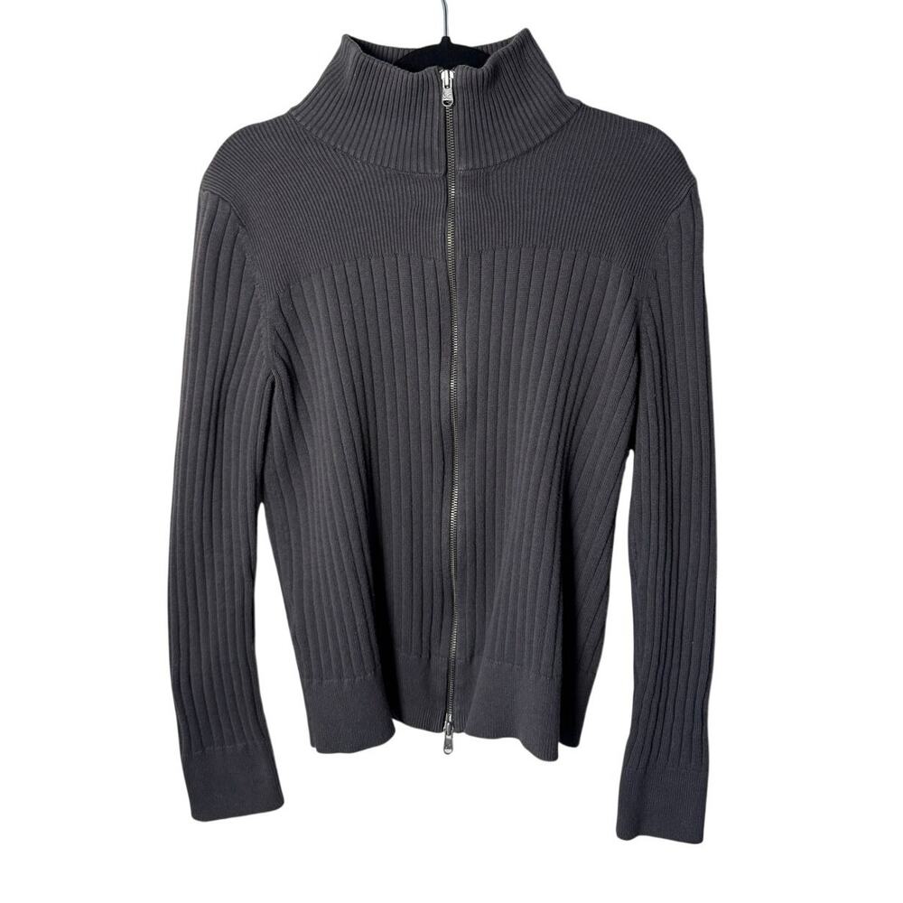 Eddie Bauer Women’s Ribbed Full Zip Sweater Gray 100% Cotton Mock Neck Size L